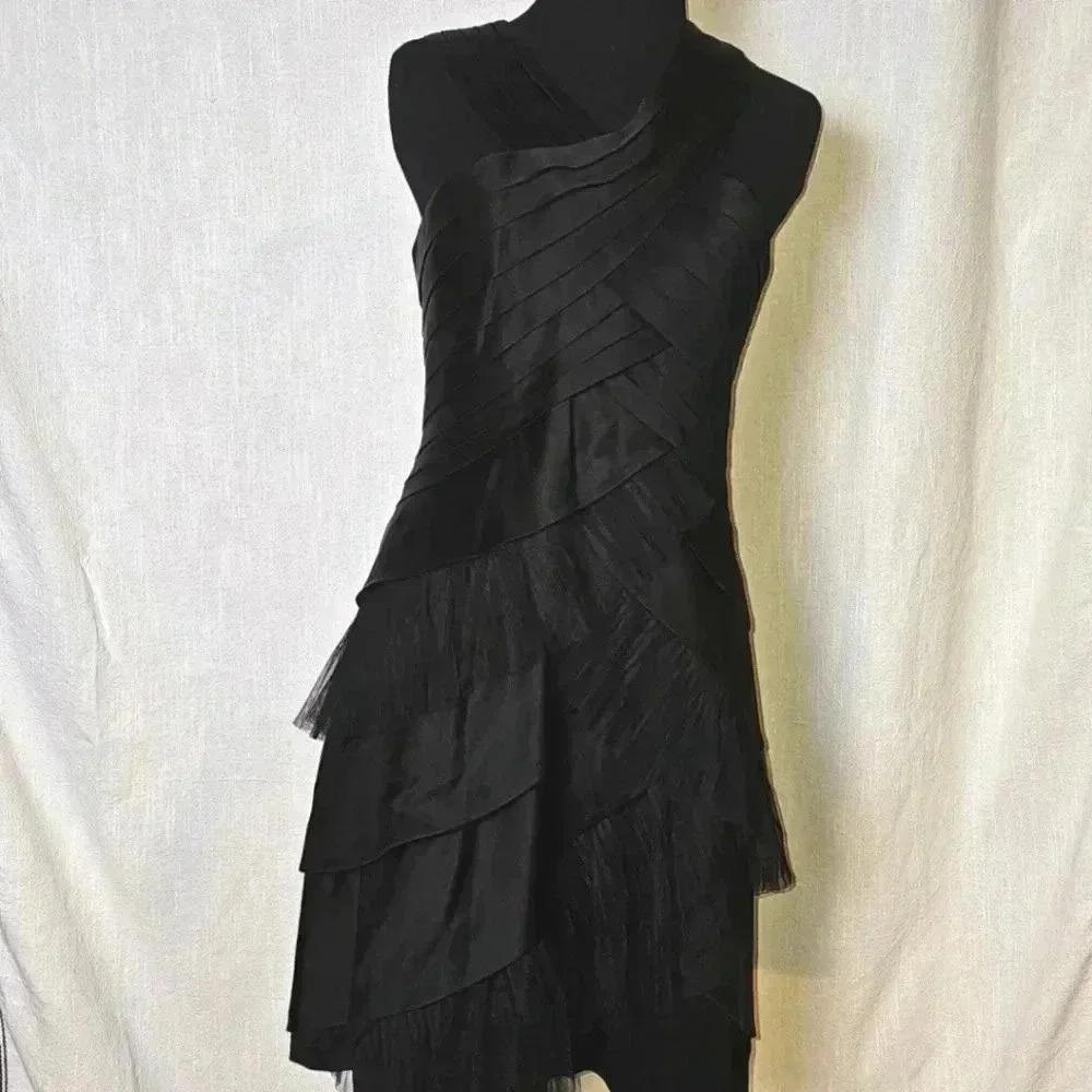 BCBG Maxazria Black Multilayered Satin Tulle Formal Mini Dress Sz 8 Evening Wear - Picture 1 of 13